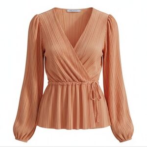 Blue Sol Cantaloupe Orange Pleated Mock Wrap Blouse Size M Puff Sleeves